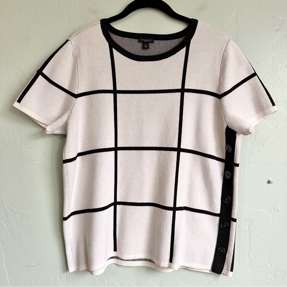 Ann Taylor Factory Cream Top with Black Grid Detail - Picture 2 of 6